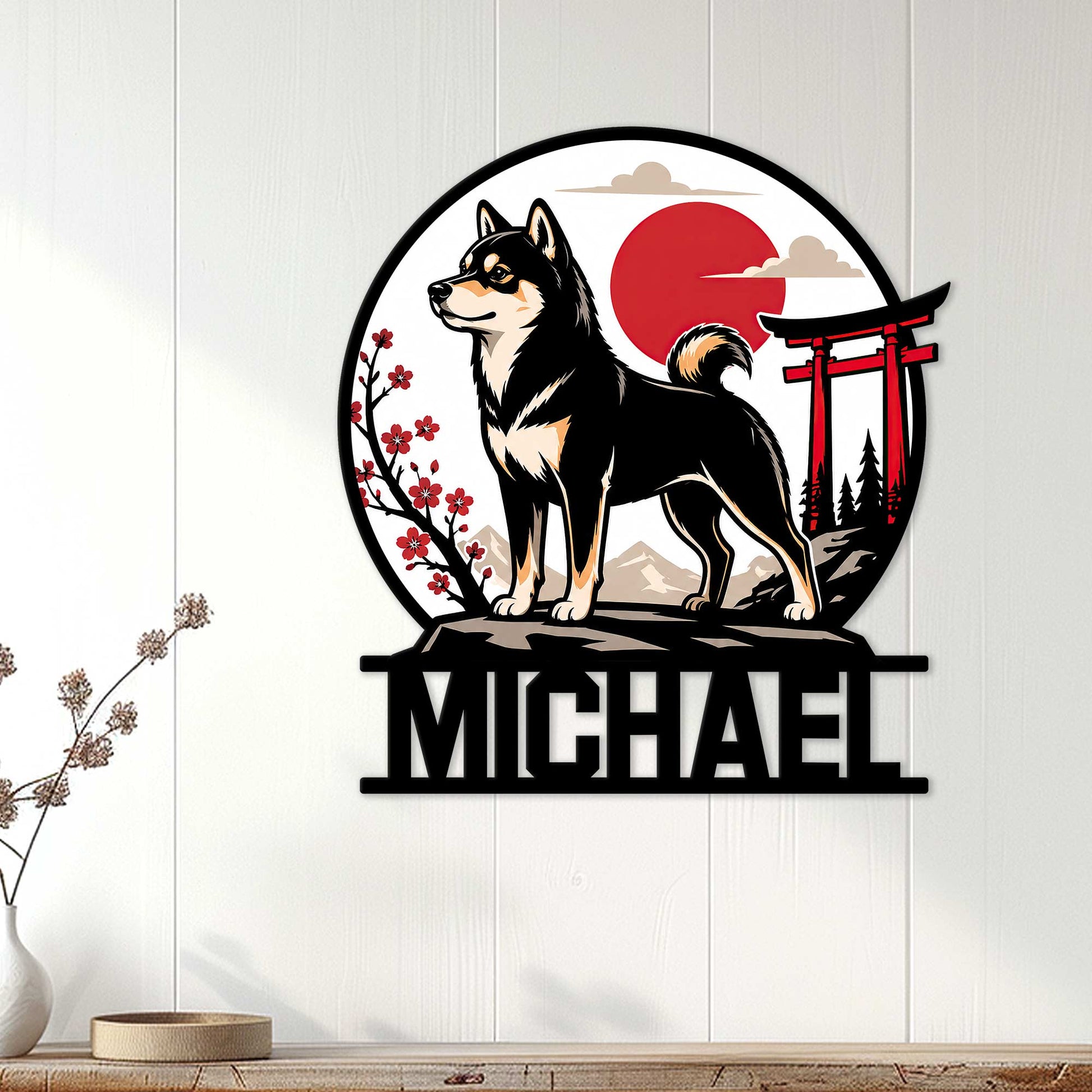 Shiba Inu wall sign displayed on a white paneled wall with a red sun and torii gate design
