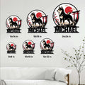Shiba Inu metal sign size guide showing available square dimensions in a living room setting