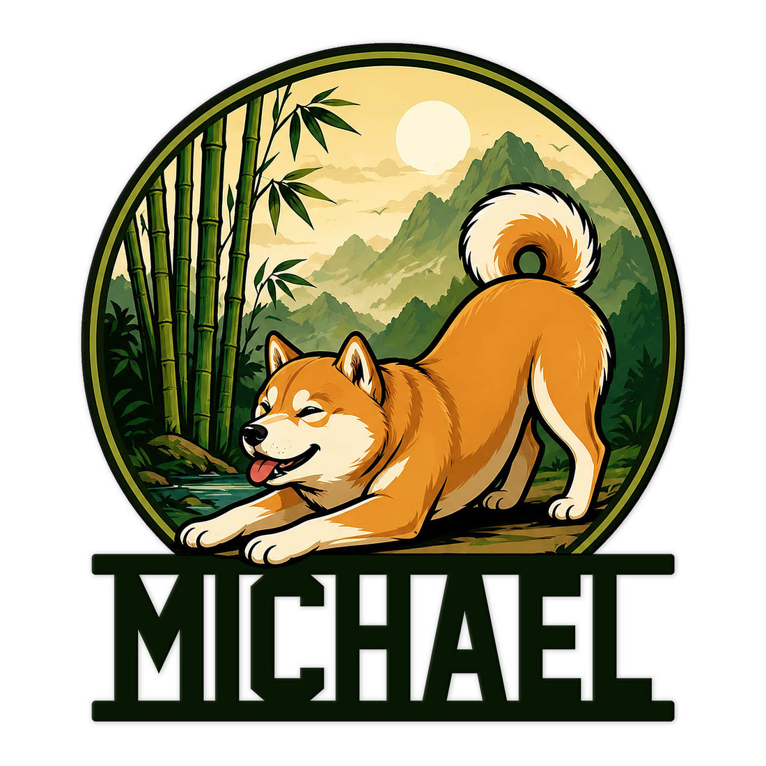 Custom Shiba Inu metal sign featuring a playful dog in a bamboo mountain landscape