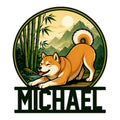 Custom Shiba Inu metal sign featuring a playful dog in a bamboo mountain landscape