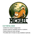 Shiba Inu metal sign product graphic showing a playful dog design and cut metal sign details