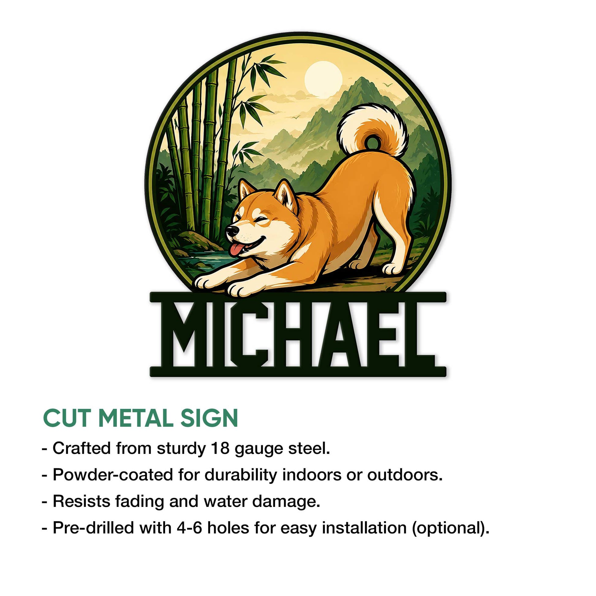Shiba Inu metal sign product graphic showing a playful dog design and cut metal sign details