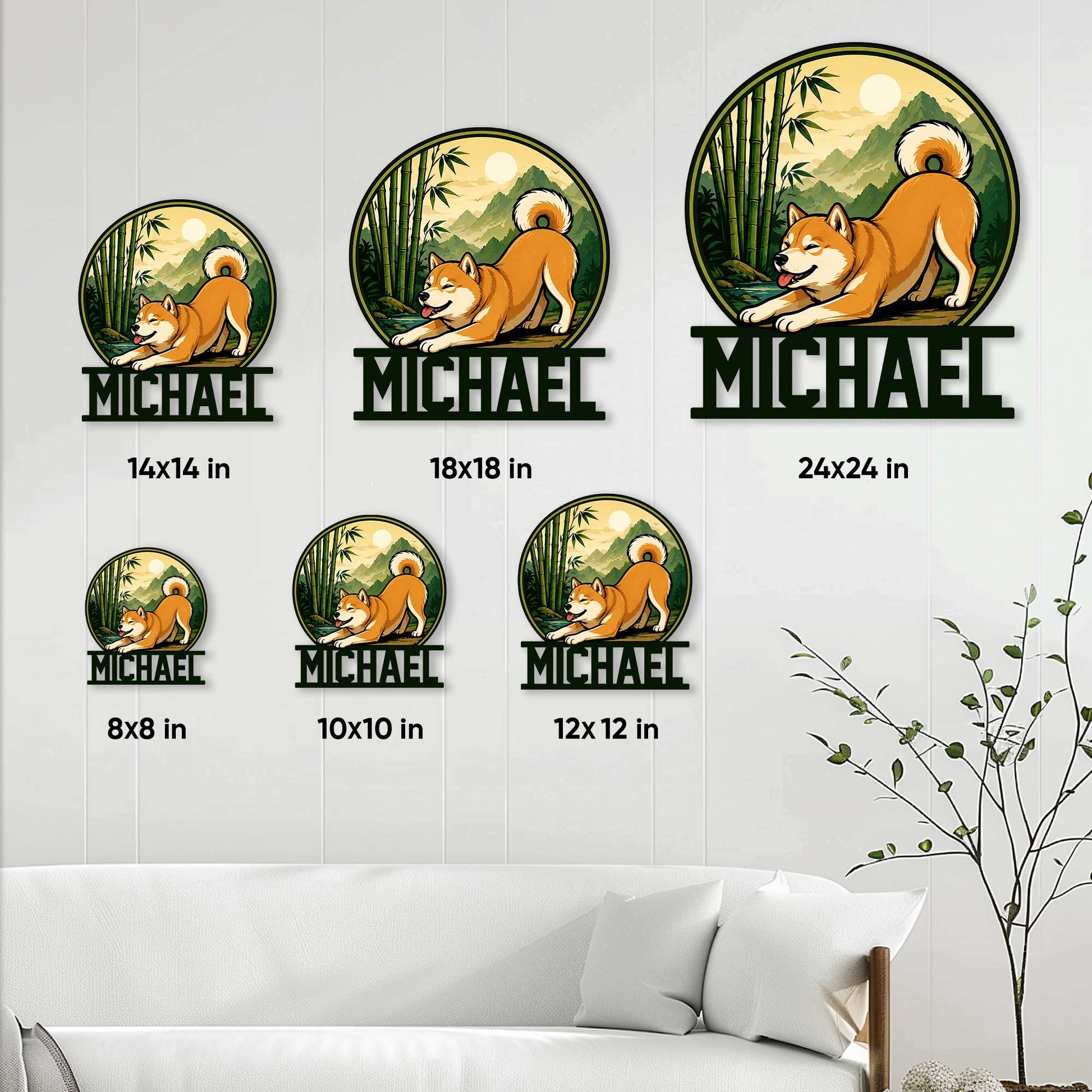 Shiba Inu metal sign size guide showing available square sizes from 8 by 8 to 24 by 24 inches