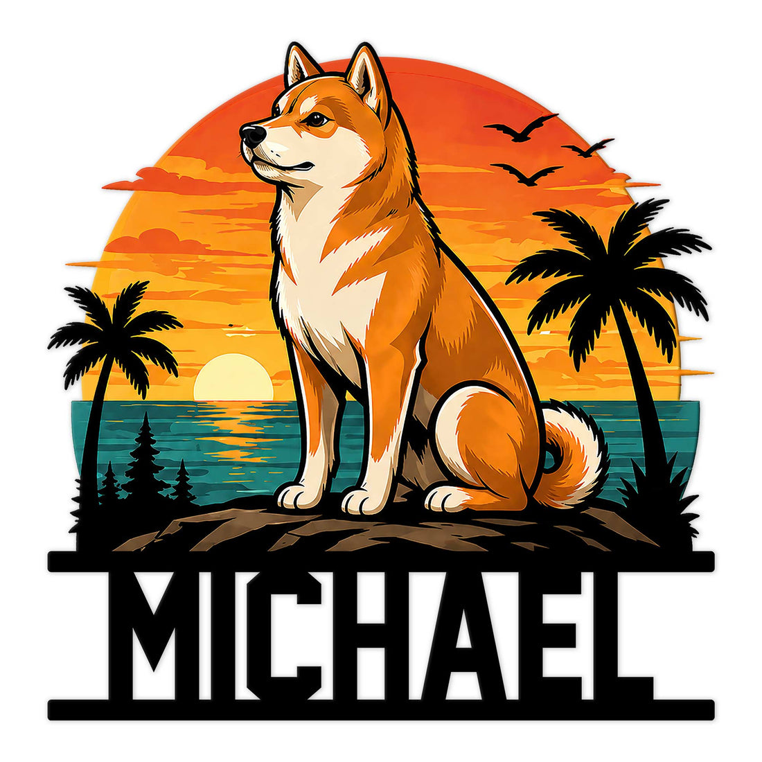 Shiba Inu metal sign featuring a seated dog against a vibrant tropical sunset, ocean, palm trees, and birds