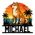 Shiba Inu metal sign featuring a seated dog against a vibrant tropical sunset, ocean, palm trees, and birds