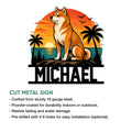 Shiba Inu cut metal sign shown with a colorful sunset beach scene and silhouetted palms
