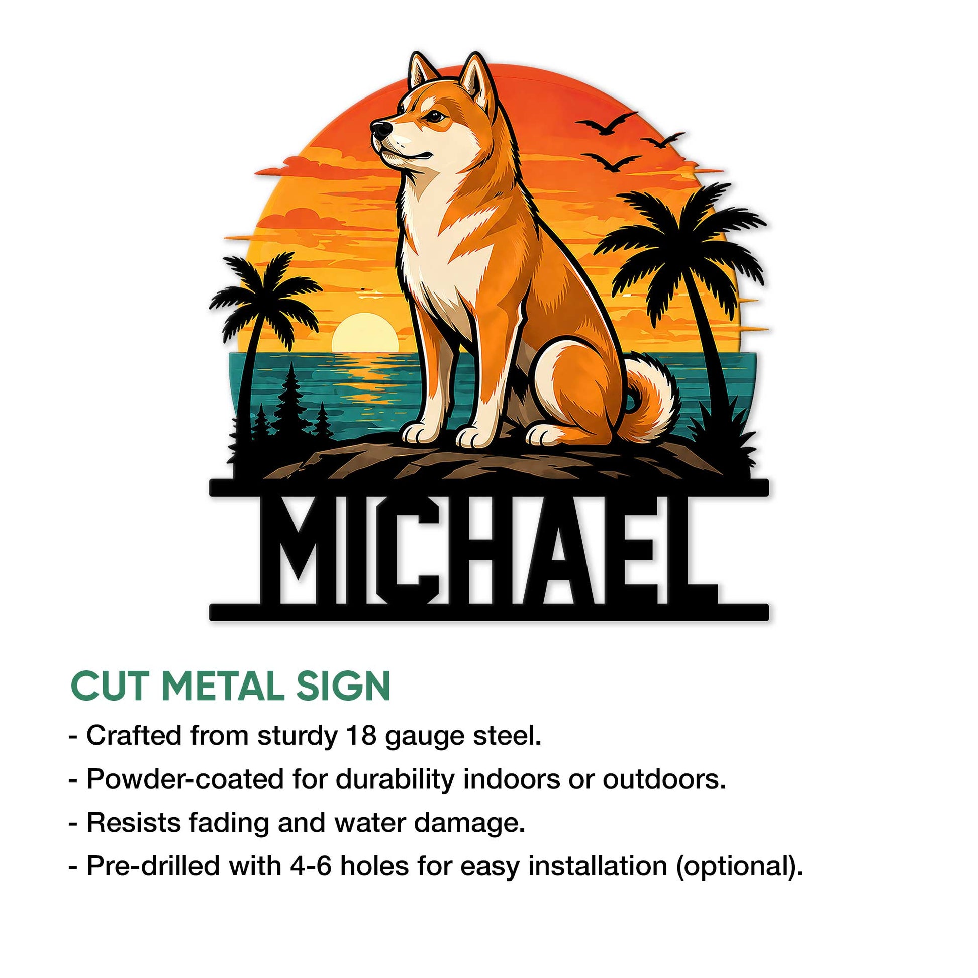 Shiba Inu cut metal sign shown with a colorful sunset beach scene and silhouetted palms