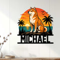 Shiba Inu wall decor displayed on a light wood wall, bringing colorful coastal character to a living space