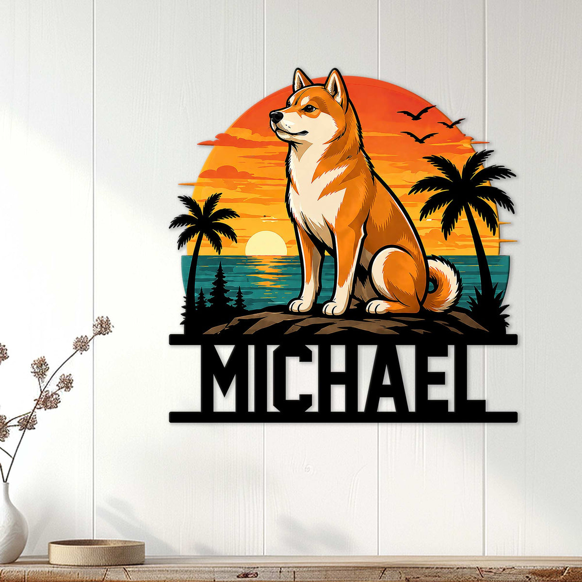 Shiba Inu wall decor displayed on a light wood wall, bringing colorful coastal character to a living space