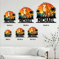 Shiba Inu metal sign size guide showing six available square sizes in a living room setting