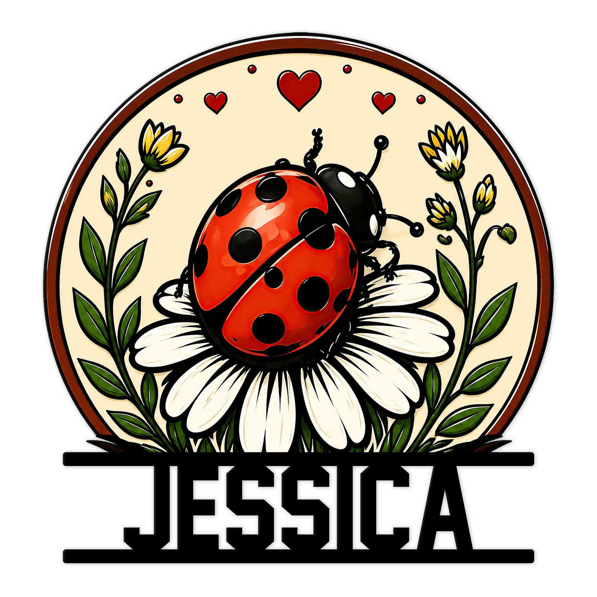 Custom ladybug metal sign featuring a red spotted ladybug resting on a white daisy with leafy flowers