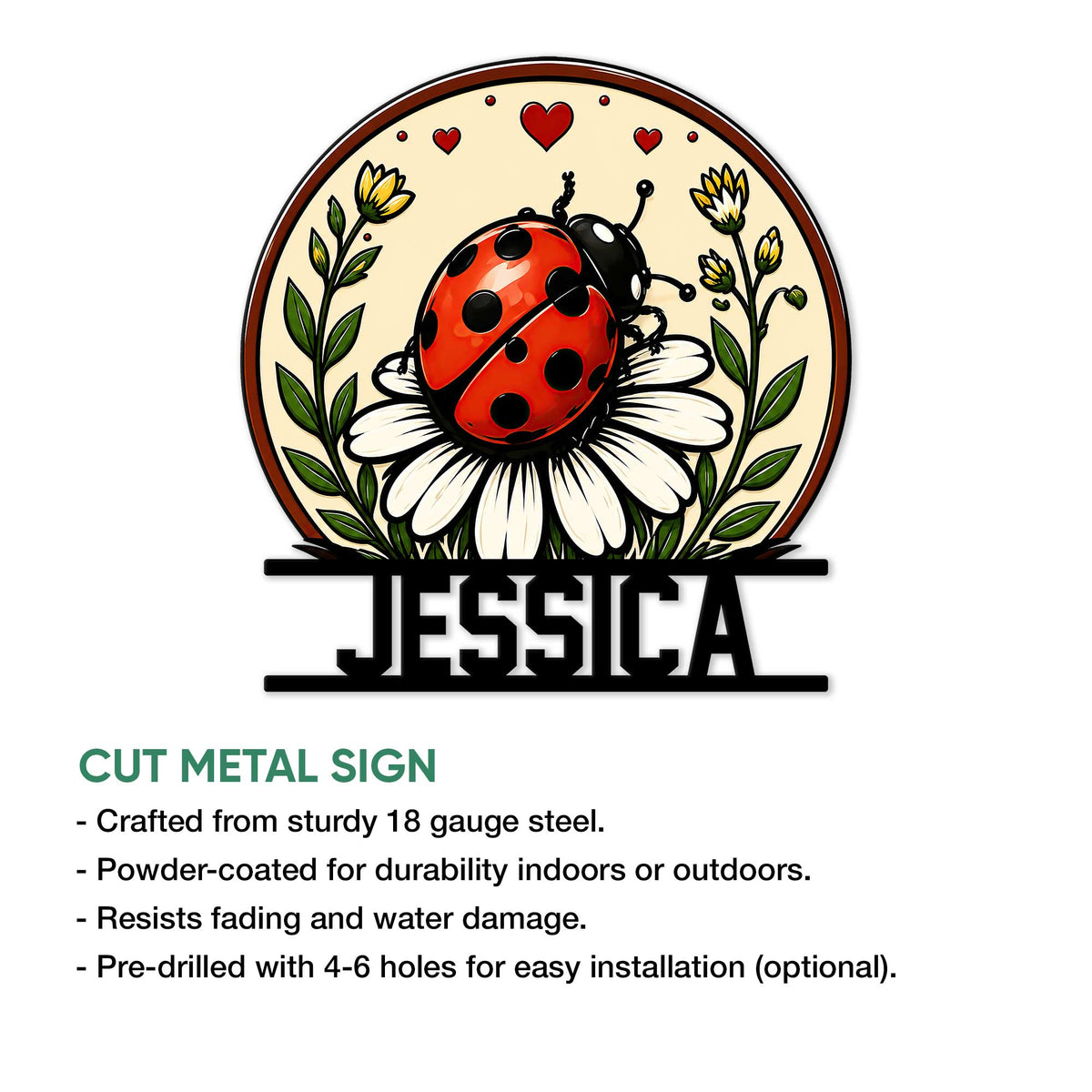 Ladybug metal sign feature graphic showing the cut metal design and indoor or outdoor display details