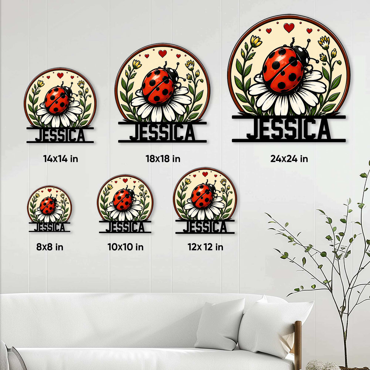 Ladybug metal sign size guide showing six available square sizes from 8 by 8 to 24 by 24 inches