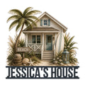 Beach house metal sign featuring a tropical cottage, palm tree, surfboard, shells, and coastal landscaping
