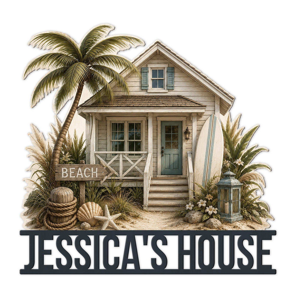 Beach house metal sign featuring a tropical cottage, palm tree, surfboard, shells, and coastal landscaping