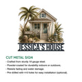 Beach house metal sign product overview with a tropical cottage design and indoor outdoor decor details