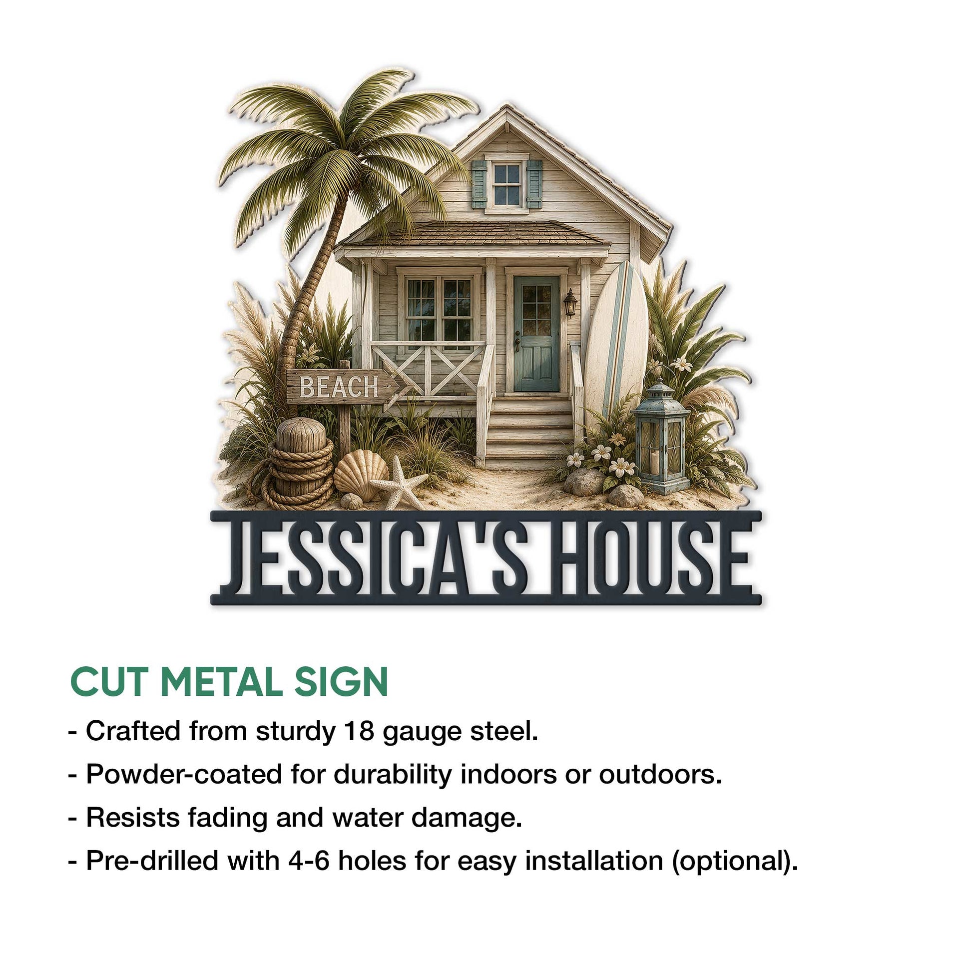Beach house metal sign product overview with a tropical cottage design and indoor outdoor decor details