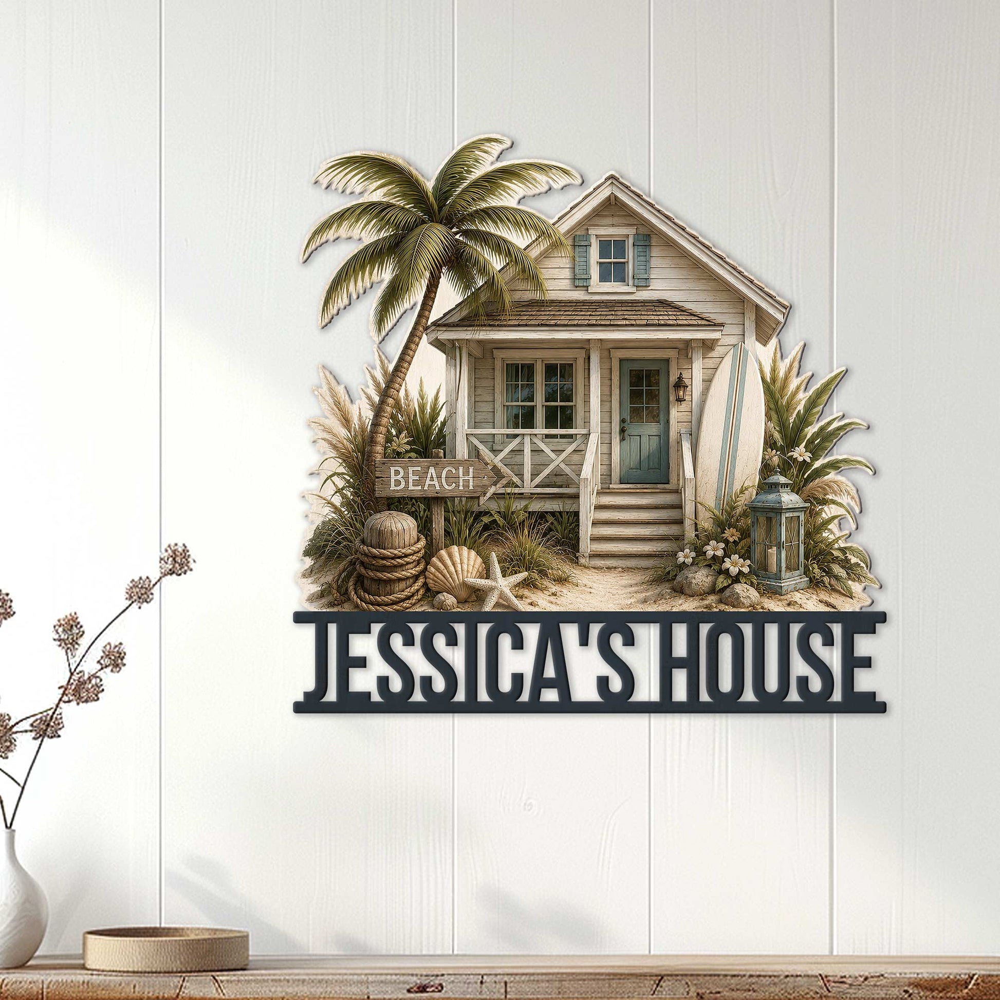 Beach house wall decor displayed on a light wood wall above a console in a coastal home setting