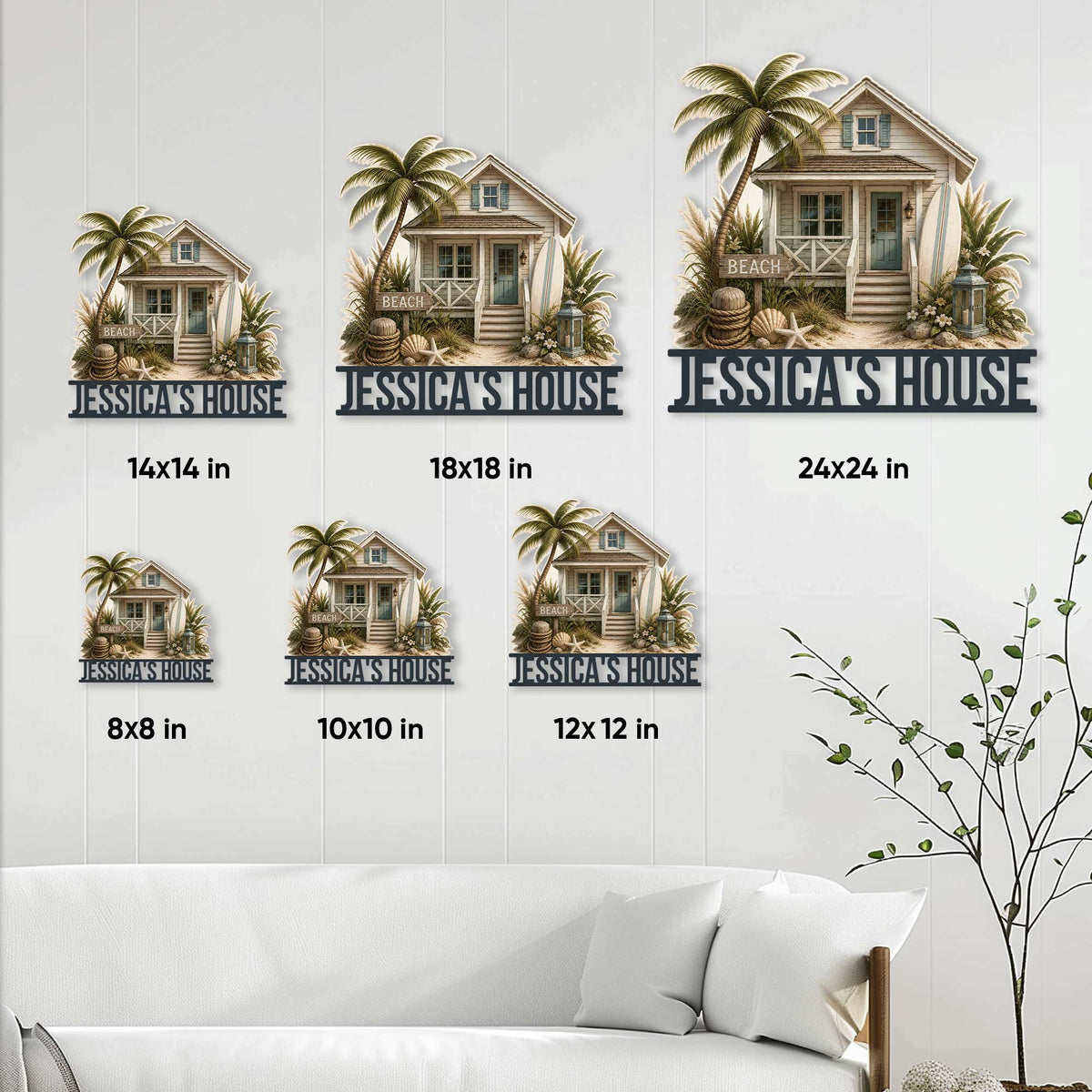 Beach house metal sign size guide showing six square size options from 8 by 8 to 24 by 24 inches