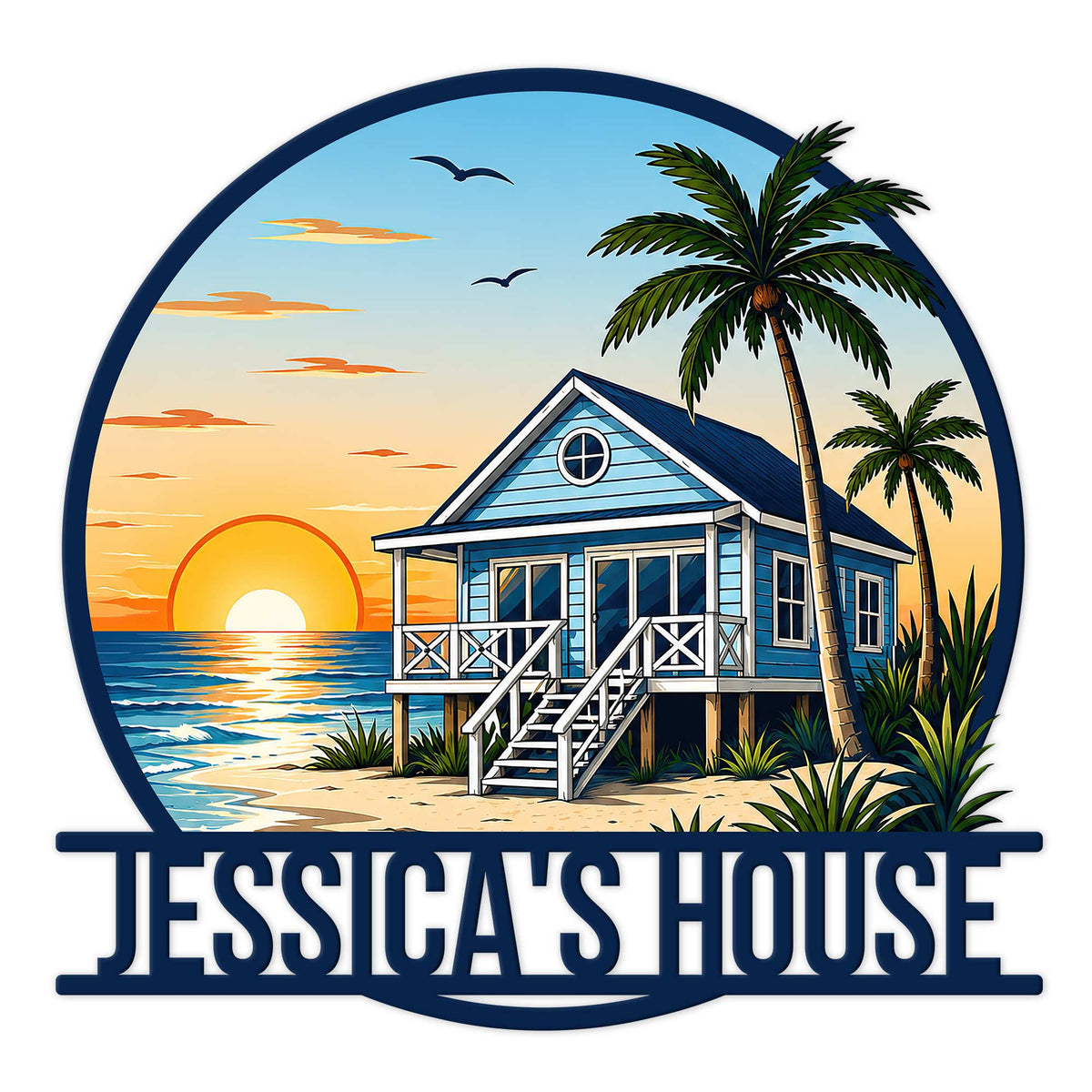 Custom beach house metal sign featuring a seaside cottage, sunset ocean view, palm trees, and coastal scenery