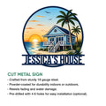 Beach house cut metal sign shown with product feature details for indoor or outdoor display