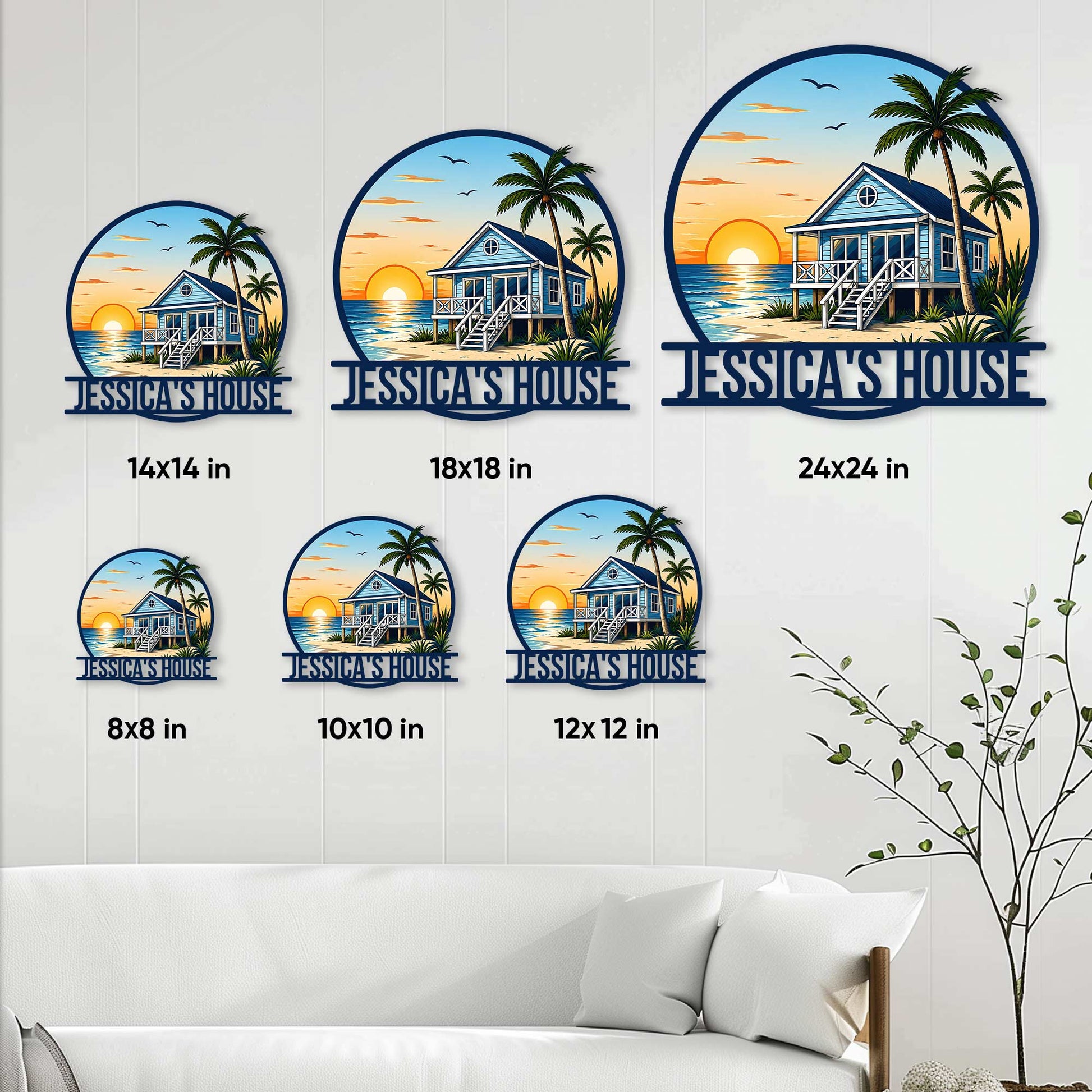 Beach house metal sign size guide showing available round sign sizes from 8 by 8 to 24 by 24 inches