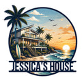 Custom beach house metal sign featuring a tropical coastal home, palm trees, surfboard, ocean waves, and sunset