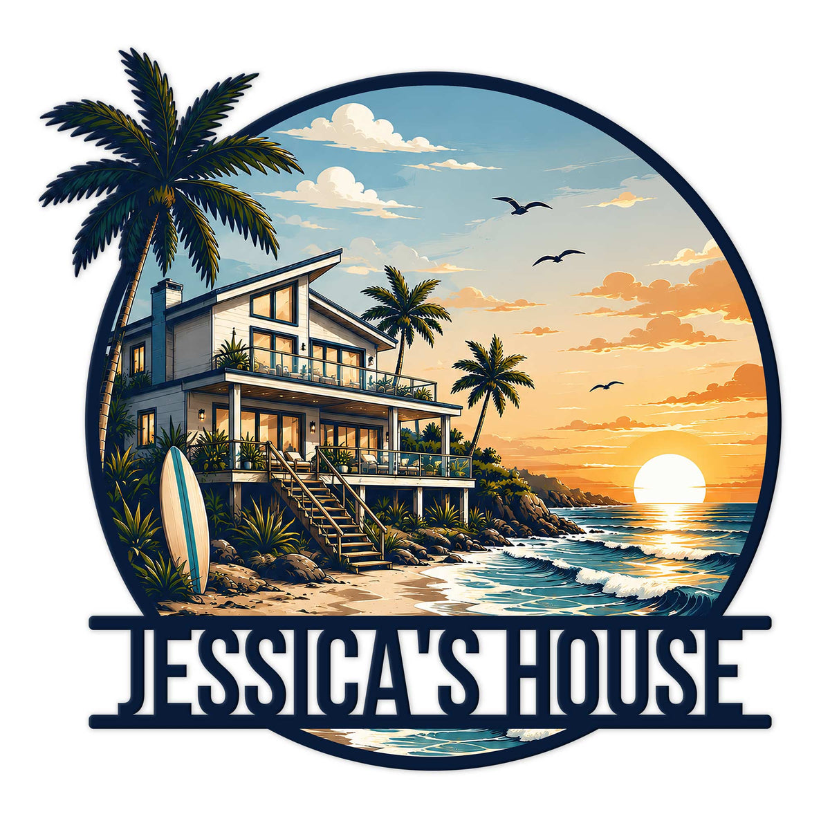 Custom beach house metal sign featuring a tropical coastal home, palm trees, surfboard, ocean waves, and sunset