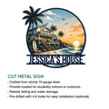Beach house metal sign product graphic showing a tropical coastal home design with cut metal sign features