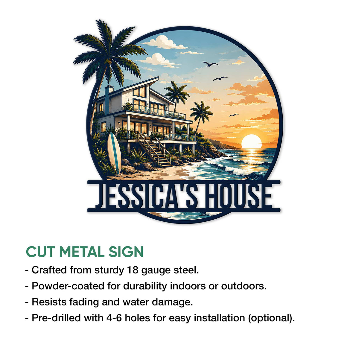 Beach house metal sign product graphic showing a tropical coastal home design with cut metal sign features