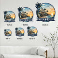 Beach house metal sign size guide showing multiple available square sizes displayed on a coastal-style wall
