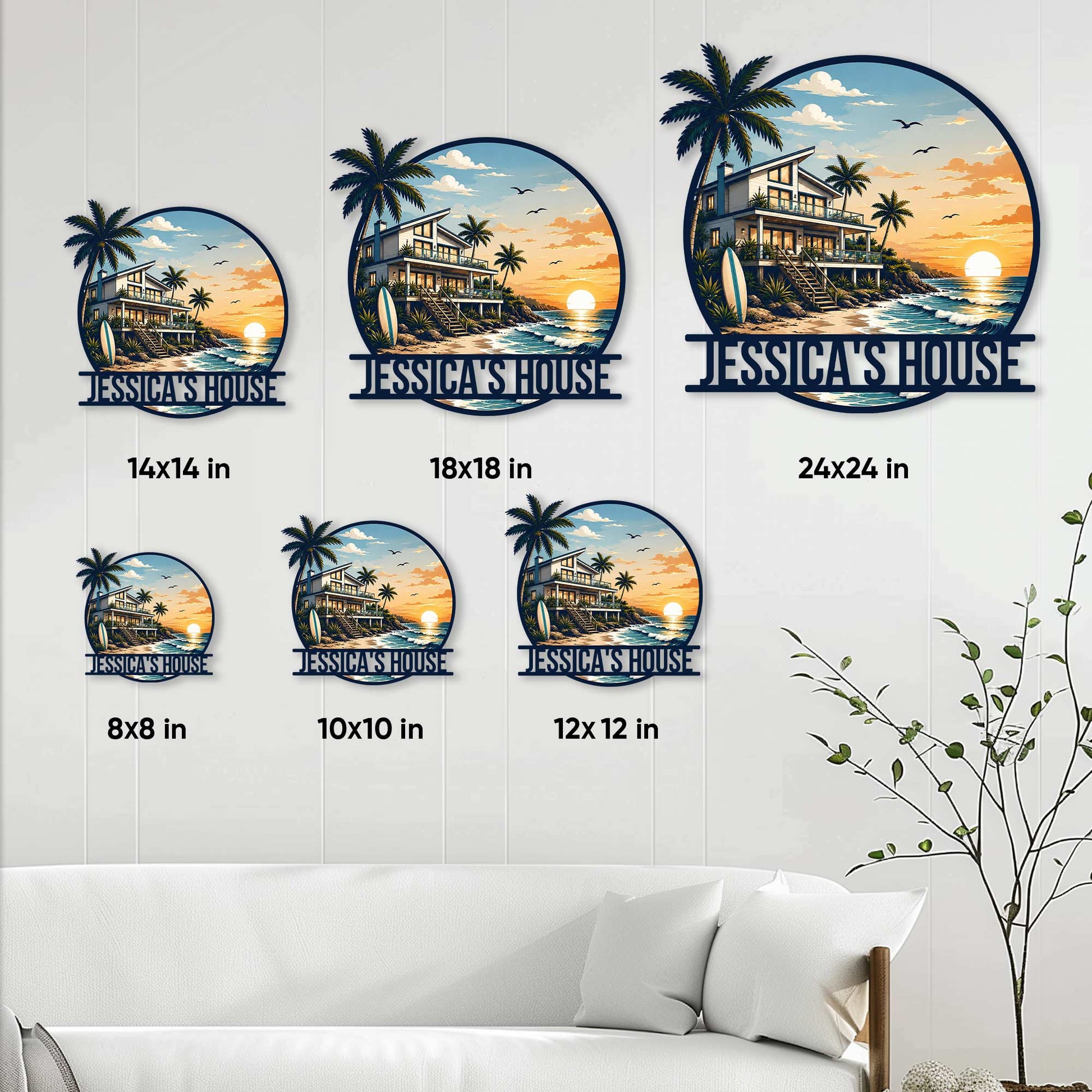 Beach house metal sign size guide showing multiple available square sizes displayed on a coastal-style wall