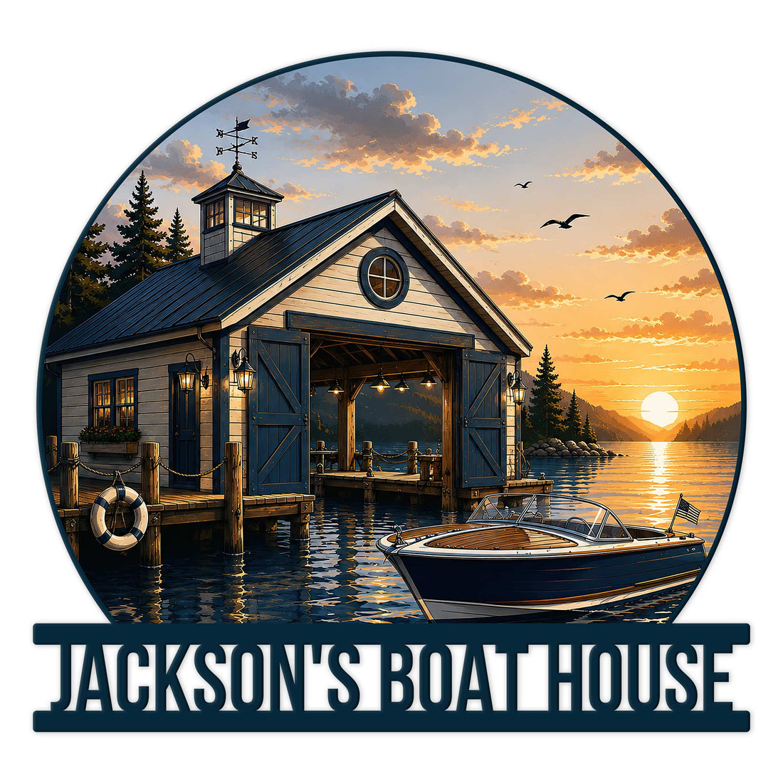 Custom boathouse metal sign featuring a lakeside boat dock, motorboat, sunset, and scenic waterfront artwork