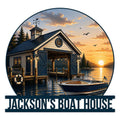 Custom boathouse metal sign featuring a lakeside boat dock, motorboat, sunset, and scenic waterfront artwork