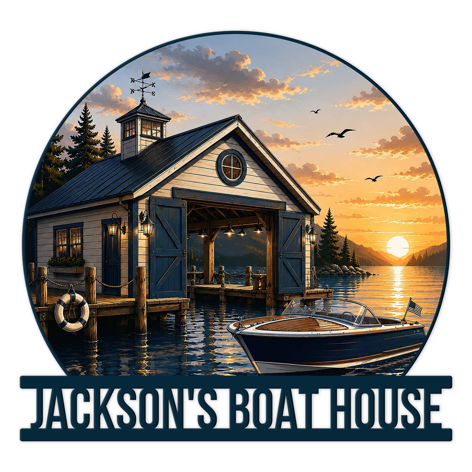 Custom boathouse metal sign featuring a lakeside boat dock, motorboat, sunset, and scenic waterfront artwork