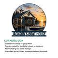 Boathouse metal sign product feature graphic showing a lakeside dock scene and cut metal sign design