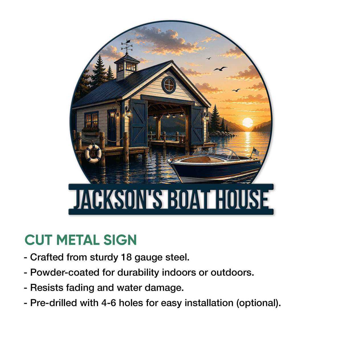 Boathouse metal sign product feature graphic showing a lakeside dock scene and cut metal sign design