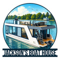 Custom boat house metal sign featuring a modern houseboat on a scenic lake with trees and open sky