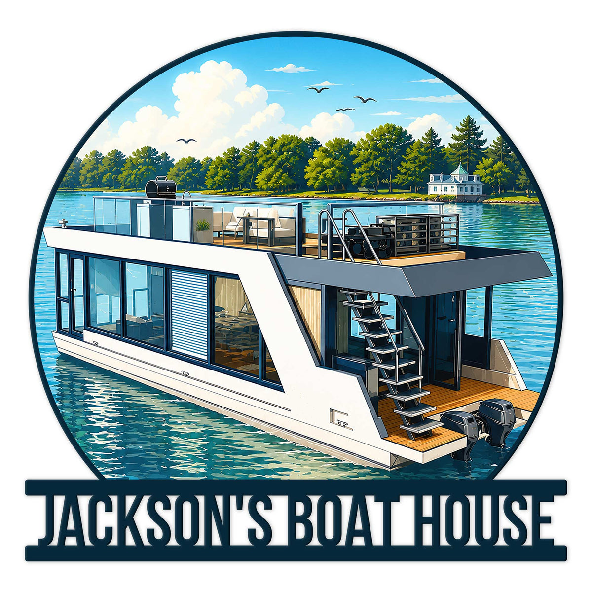 Custom boat house metal sign featuring a modern houseboat on a scenic lake with trees and open sky