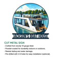 Boat house metal sign product feature graphic showing a detailed houseboat design and sign construction details