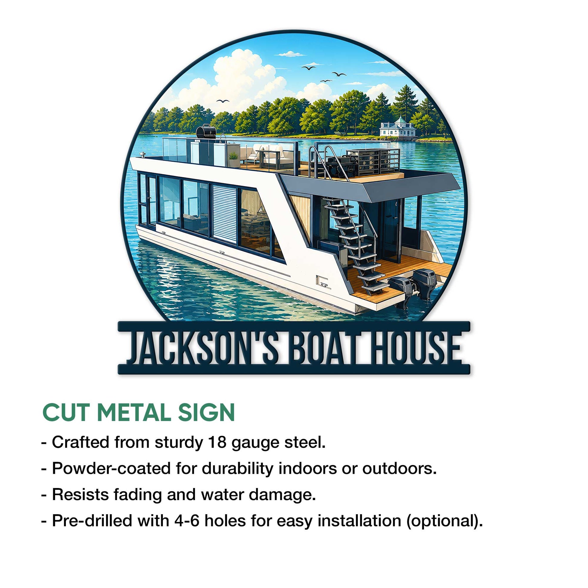Boat house metal sign product feature graphic showing a detailed houseboat design and sign construction details