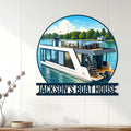 Boat house wall sign displayed on a light wood-paneled wall, featuring a modern houseboat on the water