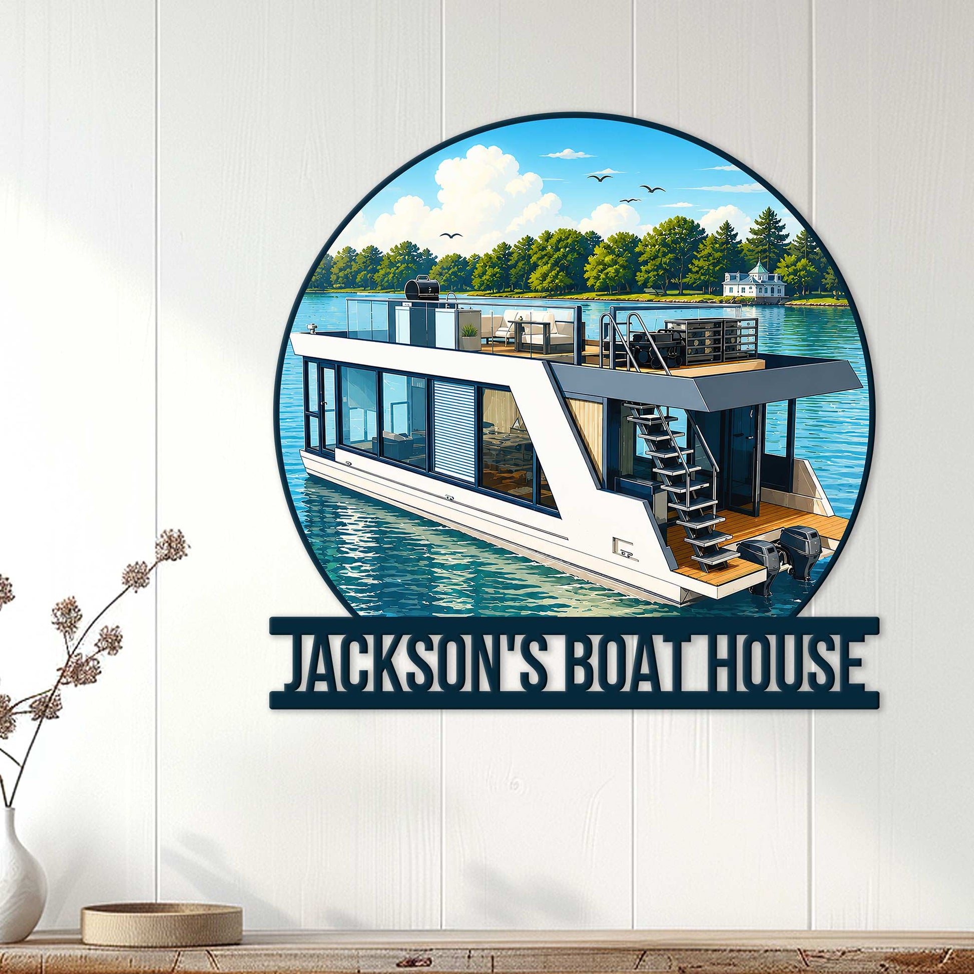 Boat house wall sign displayed on a light wood-paneled wall, featuring a modern houseboat on the water