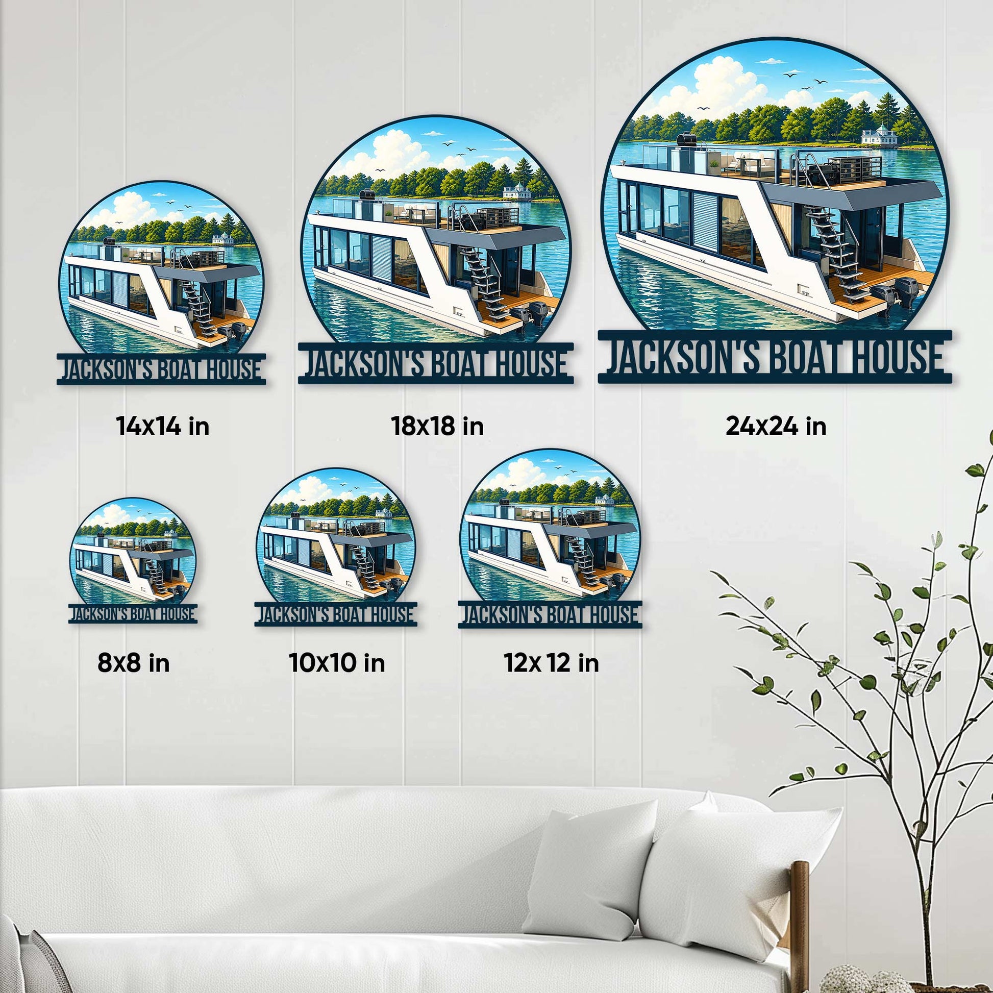 Boat house metal sign size guide displaying multiple square size options in a living room setting