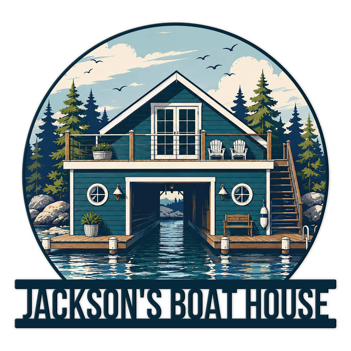 Custom boat house metal sign featuring a lakeside boathouse, dock, evergreen trees, water, and mountain scenery