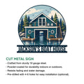 Boat house metal sign product graphic showing a lakeside boathouse design and cut metal sign features
