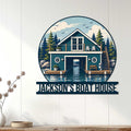 Boat house metal wall sign displayed on a white paneled wall above a console table