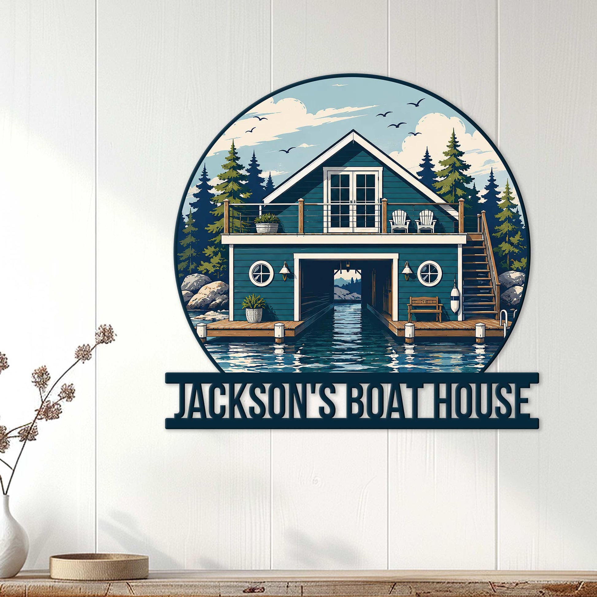 Boat house metal wall sign displayed on a white paneled wall above a console table