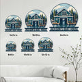 Boat house metal sign size guide showing multiple square size options in a styled living room