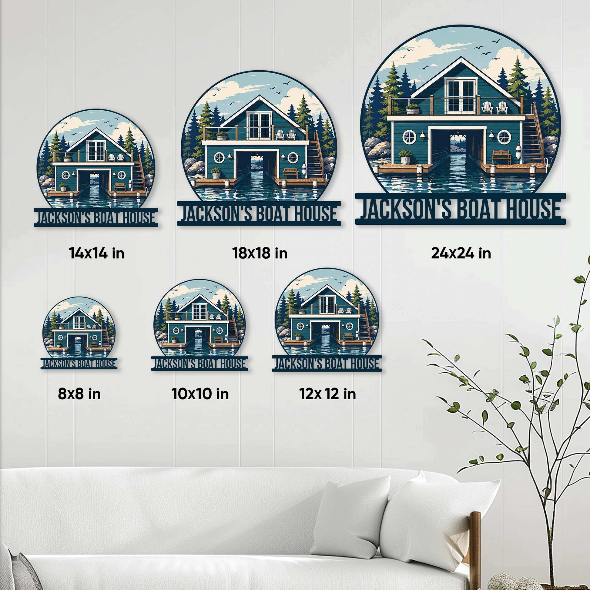 Boat house metal sign size guide showing multiple square size options in a styled living room